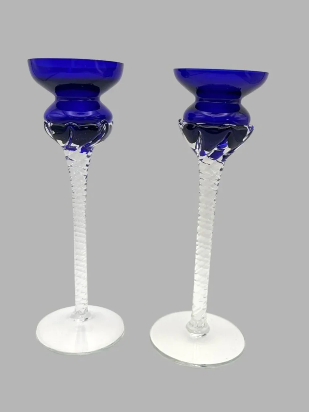 Vintage Romanian Hand Blown Art Glass Cobalt Blue Twist Stem Candle Holders Pair